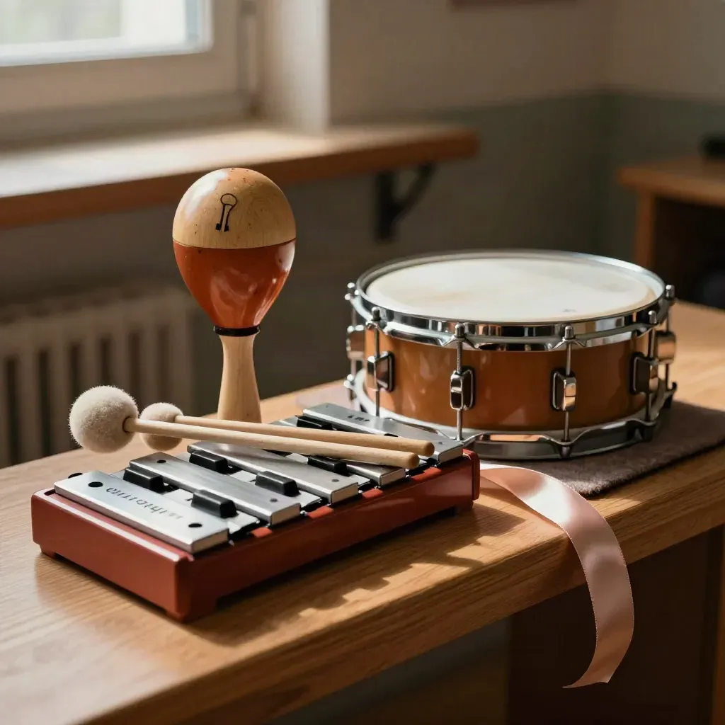 Kleine Percussion-Instrumente im warmen Musikraumlicht mit Satinband.