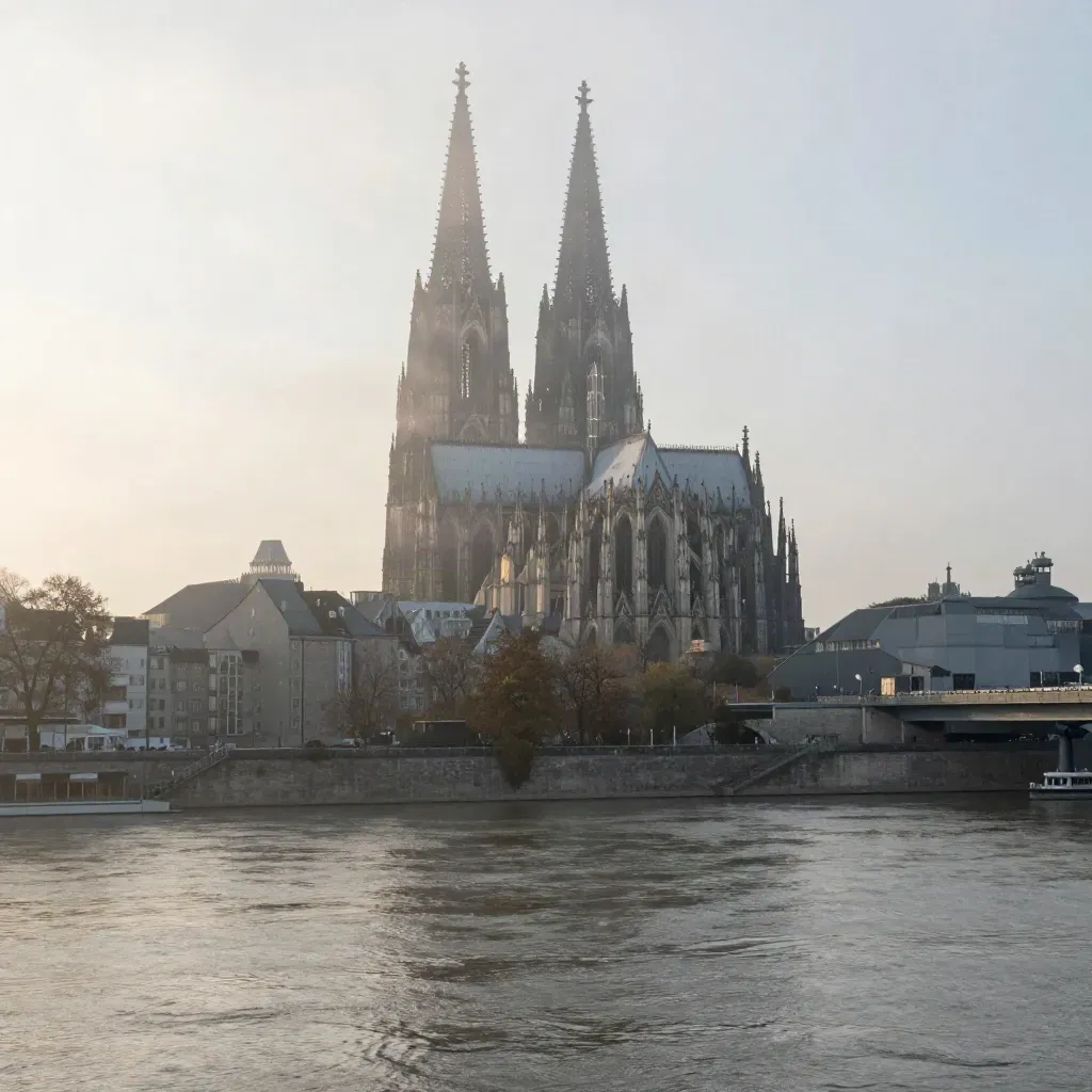 Kölner Dom im Morgennebel über dem Rhein, weit und still von erhöhter Uferlage.